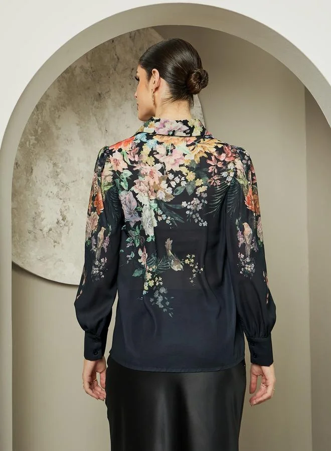 Styli Floral Print Balloon Sleeve Spread Collar Shirt