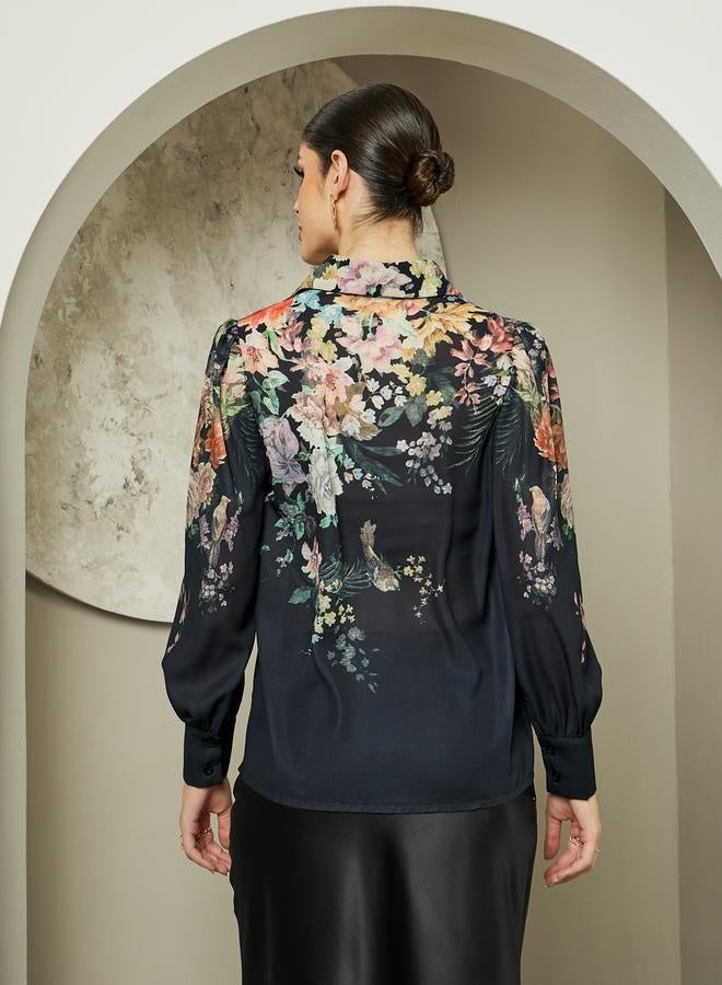 Styli Floral Print Balloon Sleeve Spread Collar Shirt - Image 5