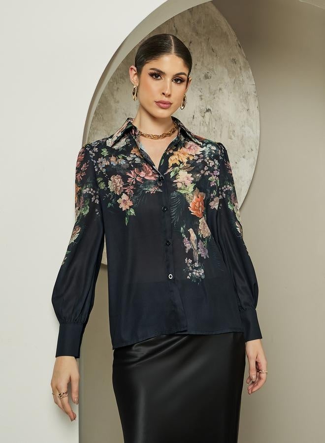 Styli Floral Print Balloon Sleeve Spread Collar Shirt - Image 2