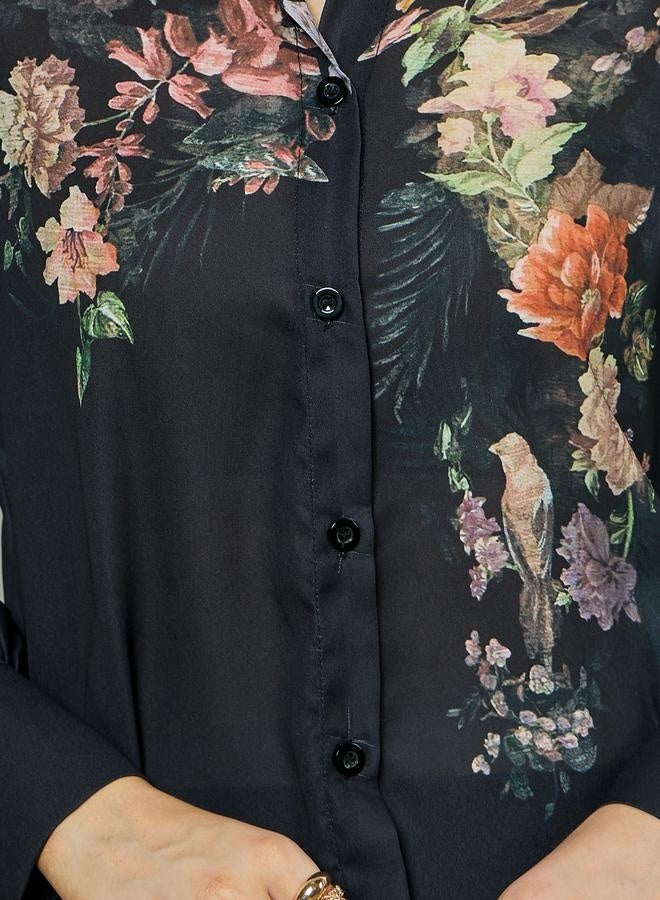 Styli Floral Print Balloon Sleeve Spread Collar Shirt - Image 4