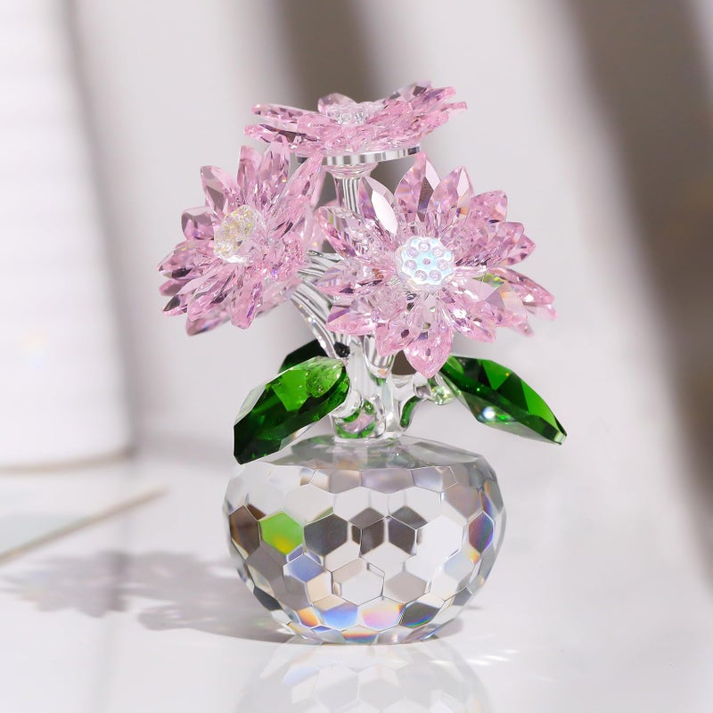 Movdyka Crystal Flower Figurine Statue Paperweight Glass Pink Daisy Bouquet Floral Collectible Ornaments Gifts for Friends Women with 5 Flowers