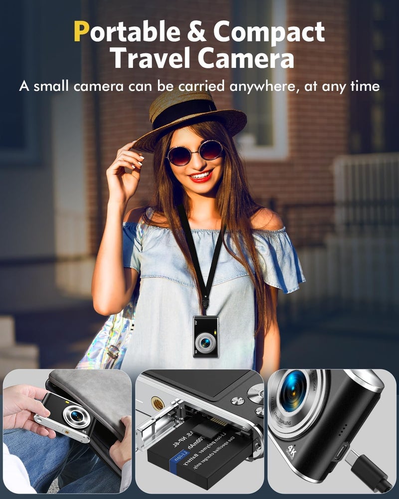 Digital Camera, Auto Focus FHD 4K Vlogging Camera with Dual Camera 48MP 16X Digital Zoom Kids Compact Camera with 32GB Memory Card, Portable Point and Shoot Cameras for Teens Beginner Adult Black - Image 5