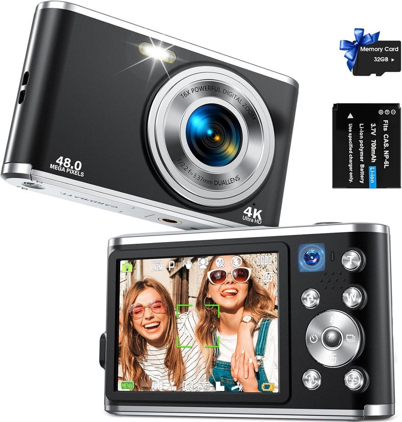 Digital Camera, Auto Focus FHD 4K Vlogging Camera with Dual Camera 48MP 16X Digital Zoom Kids Compact Camera with 32GB Memory Card, Portable Point and Shoot Cameras for Teens Beginner Adult Black - Image 1