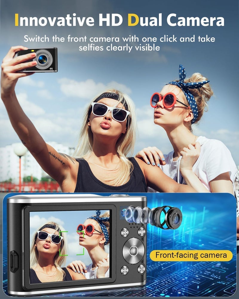 Digital Camera, Auto Focus FHD 4K Vlogging Camera with Dual Camera 48MP 16X Digital Zoom Kids Compact Camera with 32GB Memory Card, Portable Point and Shoot Cameras for Teens Beginner Adult Black - Image 4