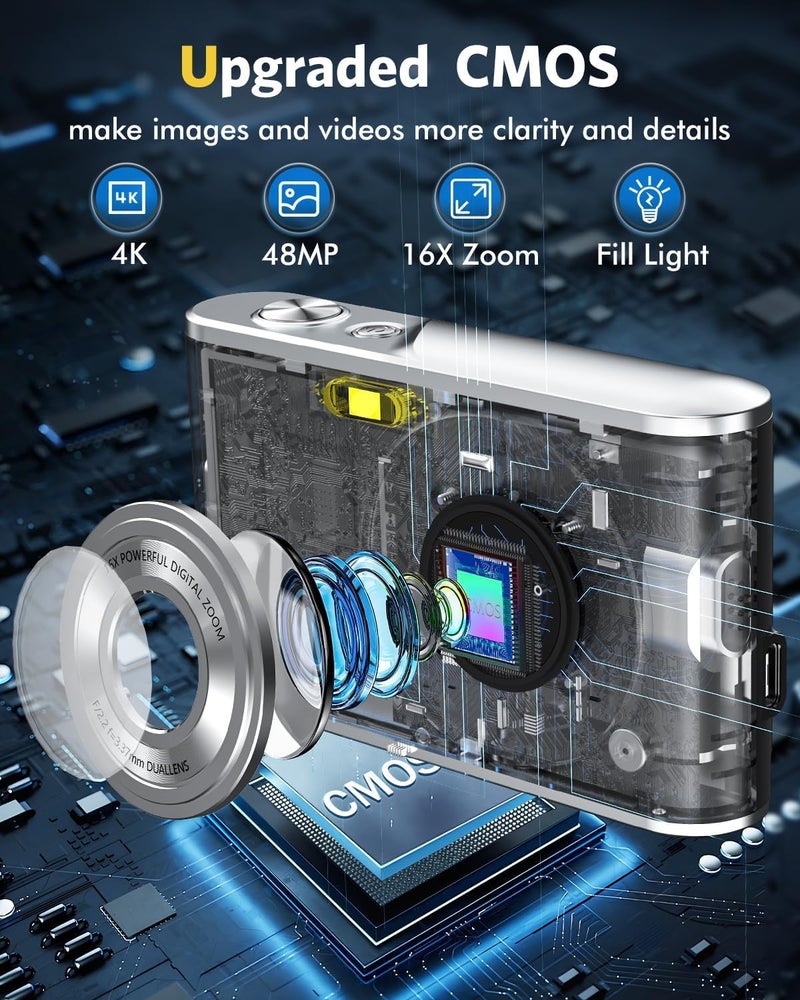 Digital Camera, Auto Focus FHD 4K Vlogging Camera with Dual Camera 48MP 16X Digital Zoom Kids Compact Camera with 32GB Memory Card, Portable Point and Shoot Cameras for Teens Beginner Adult Black - Image 2