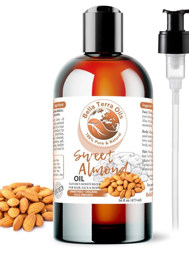 Bella Terra Oils Organic Sweet Almond Oil 16oz - Purity Meets Luxury with Almond's Vitamin B & Minerals, Cold-Pressed Elixir for Mesmerizing Skin - Image 1