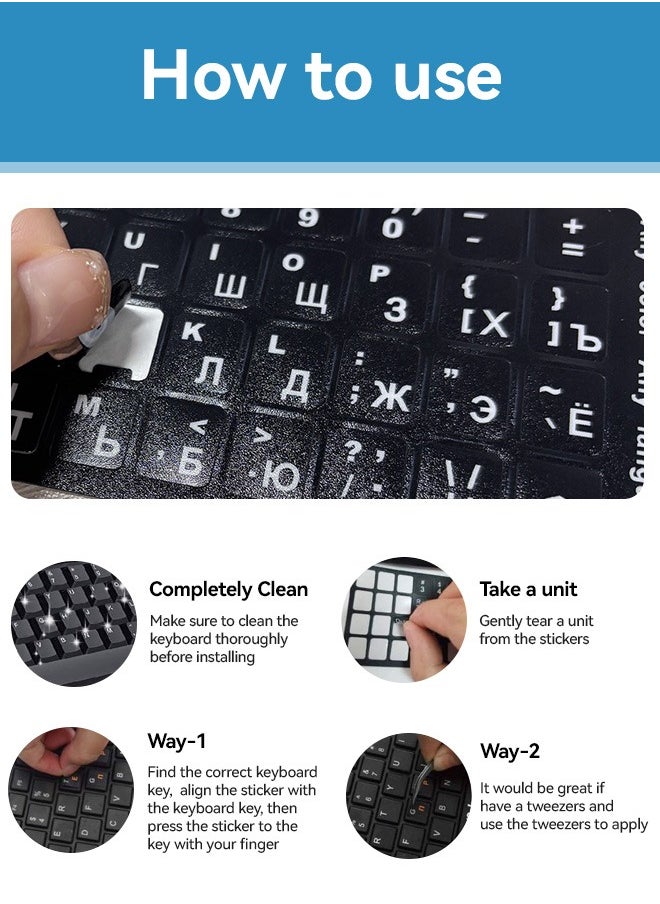 Tersely - 3-Pack Durable Russian Keyboard Stickers, Dustproof, Waterproof, Strong Adhesion, Black Background with White Letters, for Laptops and Desktops (Russian-Black) - Image 1