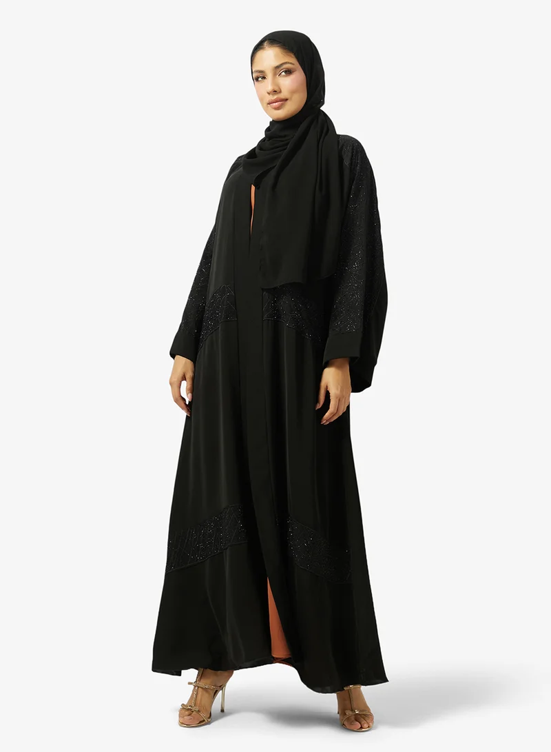 Floral Embroidered And Embellished Open Front High Neck Abaya