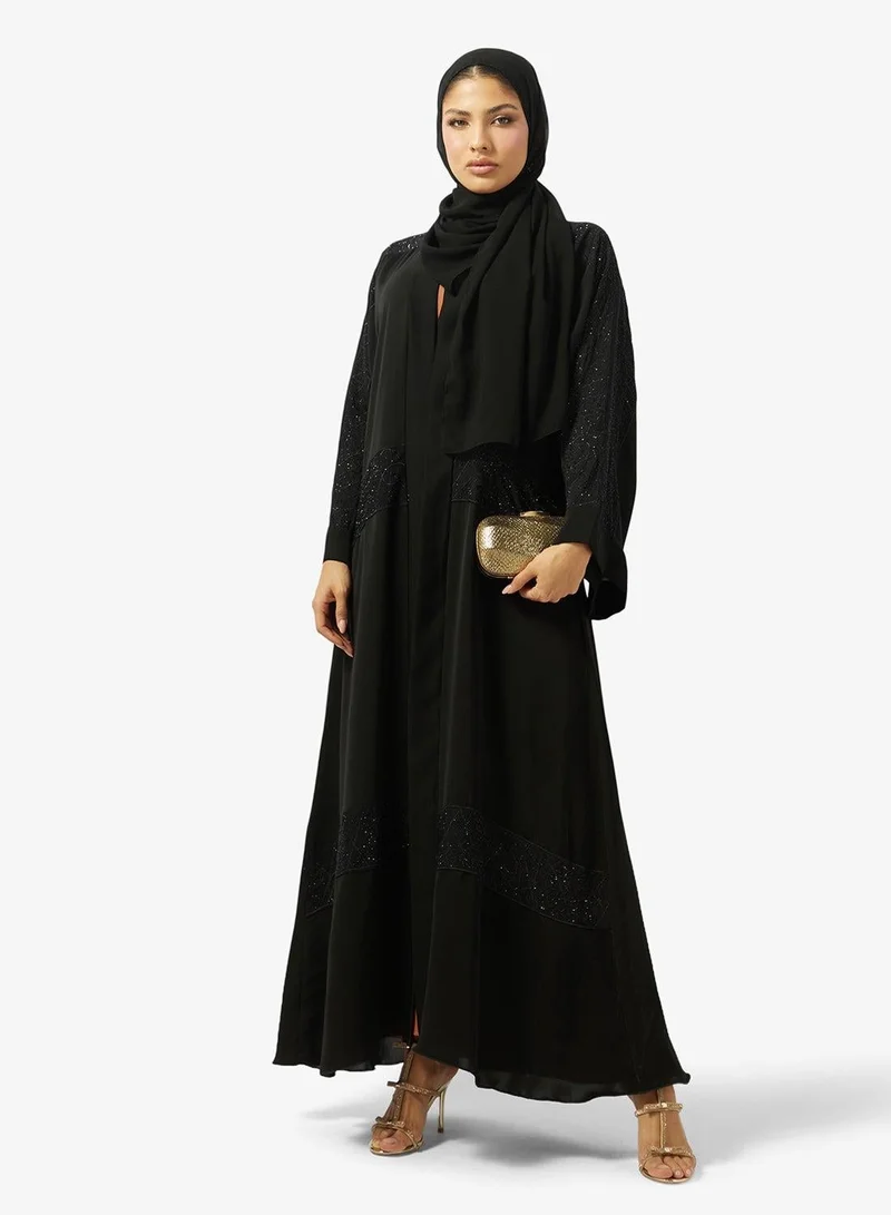 hayas closet Floral Embroidered And Embellished Open Front High Neck Abaya