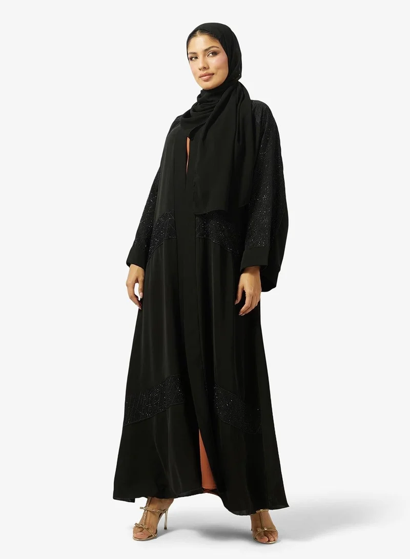 Hayas Closet  Floral Embroidered And Embellished Open Front High Neck Abaya for Women | Best Price UAE