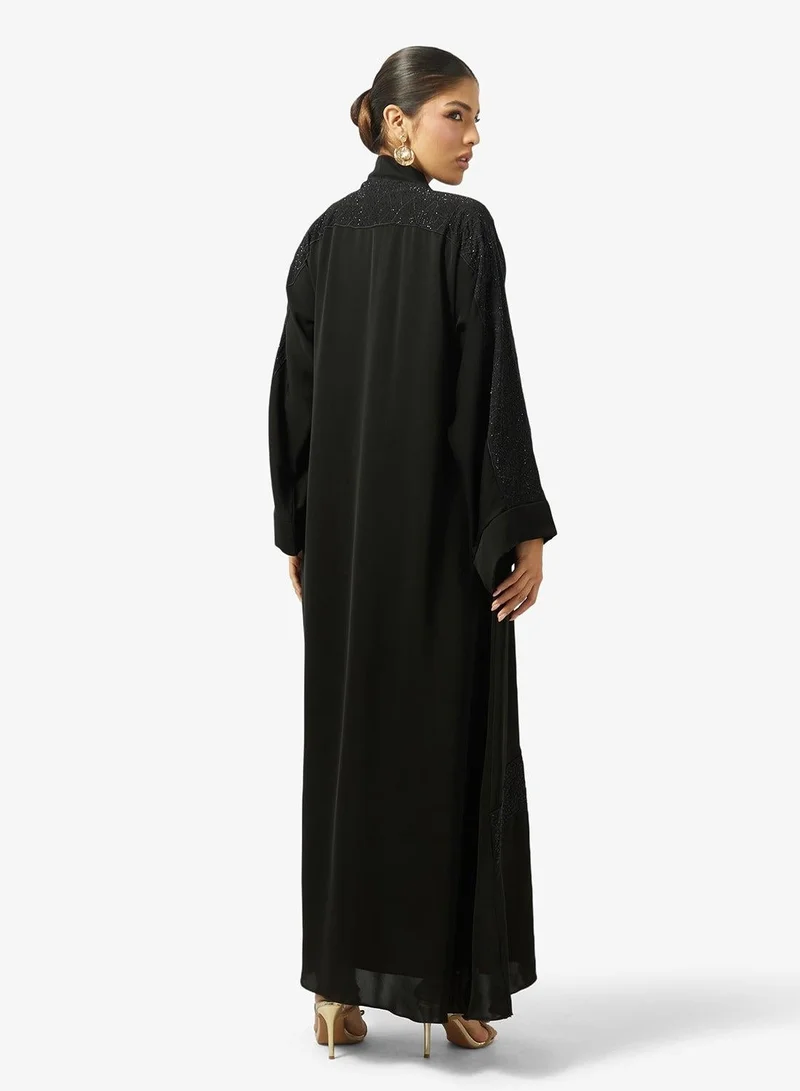 Hayas Closet  Floral Embroidered And Embellished Open Front High Neck Abaya for Women | Best Price UAE