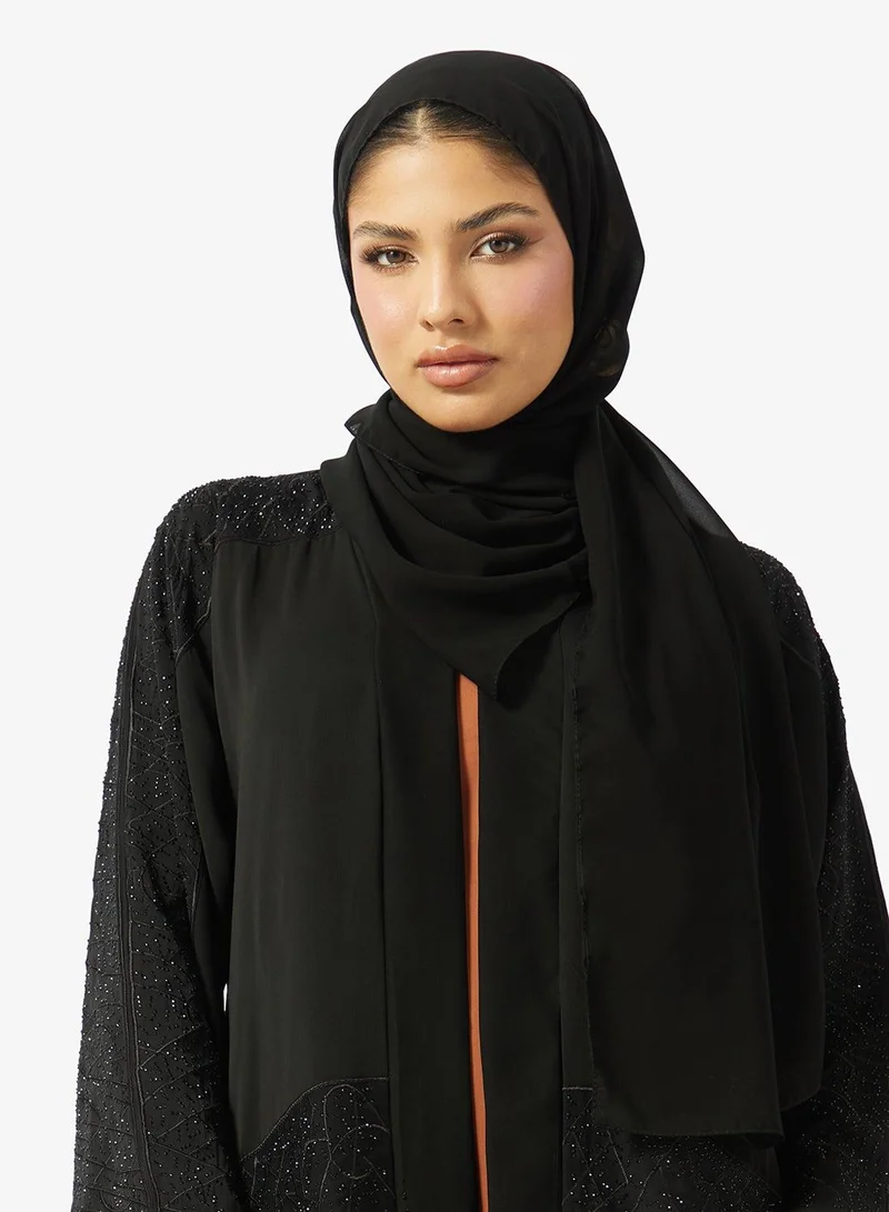 Hayas Closet  Floral Embroidered And Embellished Open Front High Neck Abaya for Women | Best Price UAE