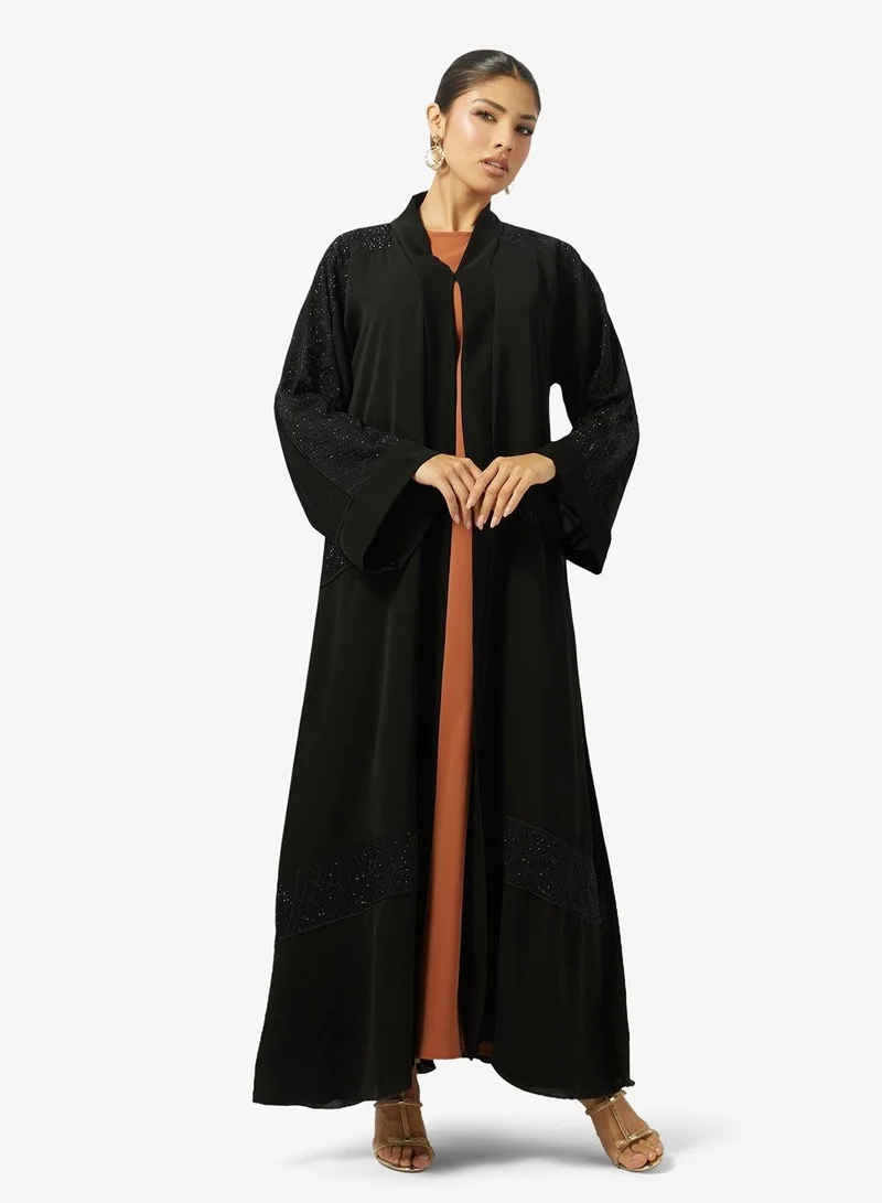 Hayas Closet  Floral Embroidered And Embellished Open Front High Neck Abaya for Women | Best Price UAE