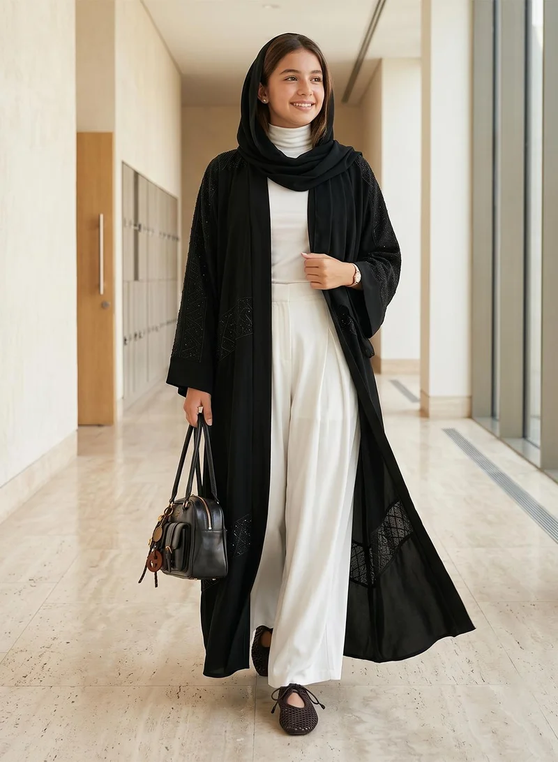 hayas closet Floral Embroidered And Embellished Open Front High Neck Abaya
