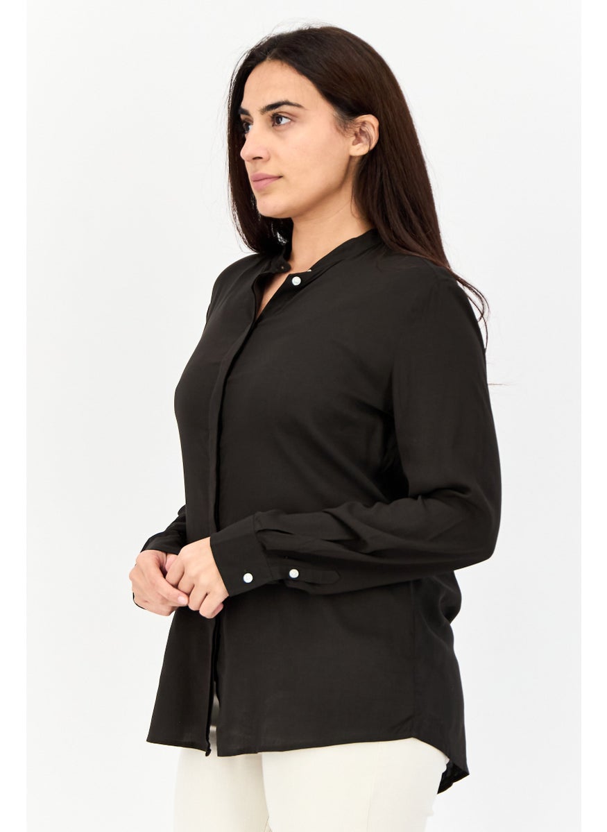 Harmont & Blaine - Women Mock Neck Long Sleeves Plain Blouse, Dark Olive - Image 1