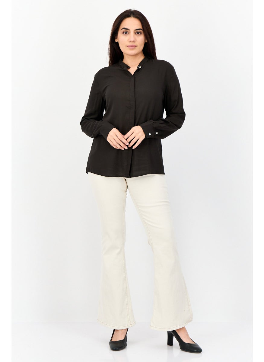 Harmont & Blaine - Women Mock Neck Long Sleeves Plain Blouse, Dark Olive - Image 1