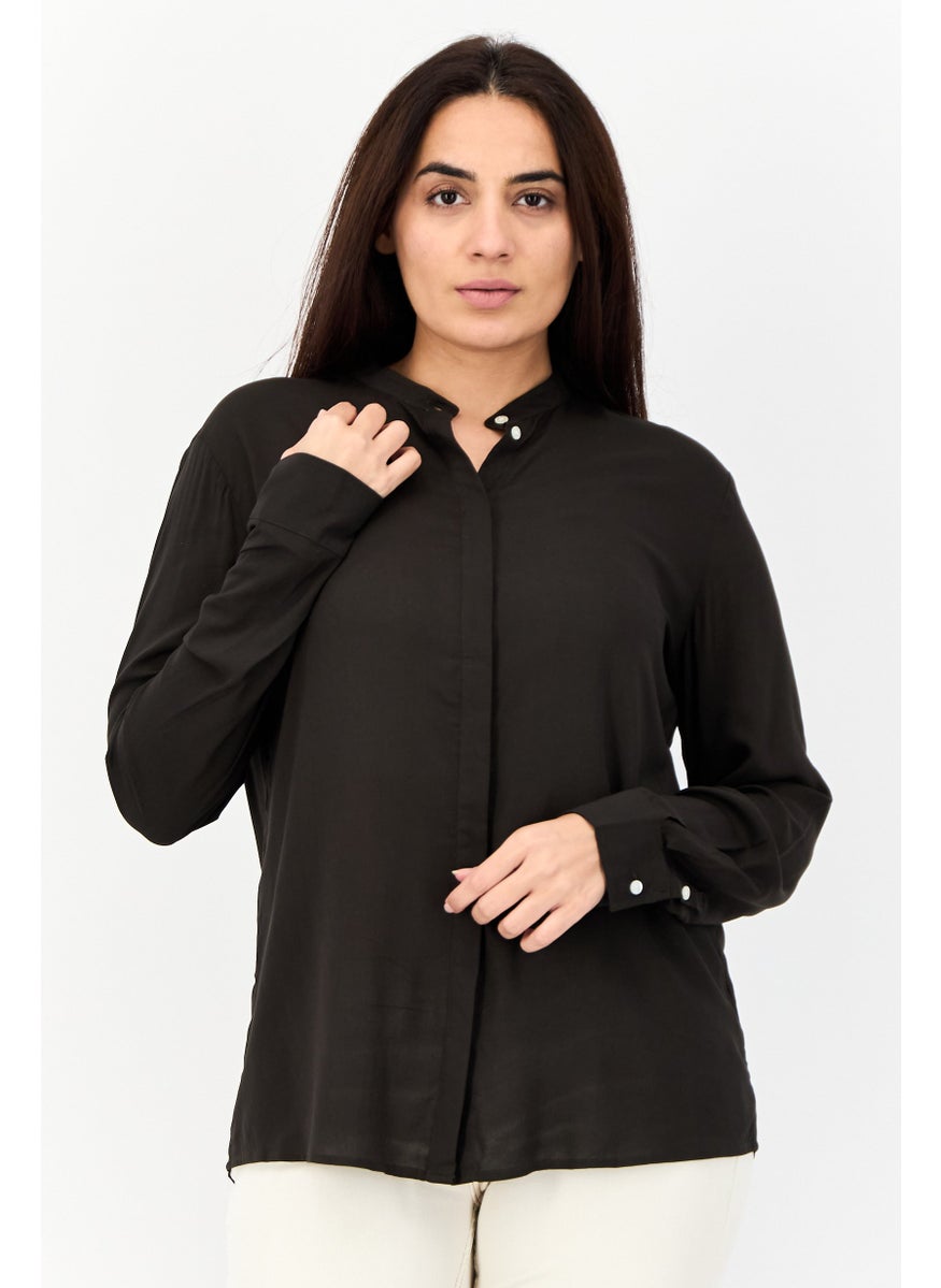 Harmont & Blaine - Women Mock Neck Long Sleeves Plain Blouse, Dark Olive - Image 1