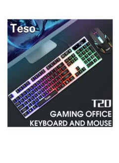 TESO-T20 Black Backlit Gaming Keyboard and Mouse, USB Wired Keyboard 1 Key, 7 Buttons Gaming Mouse Including Double Click Mouse Button, Waterproof Design