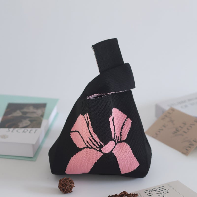 Knitted Bag Handbag Bucket Bag Tote Bag Woven Bag Bag Womens Bag Womens Bag Vacant Bag Simple Hand Gift Pink bow—black - Image 1