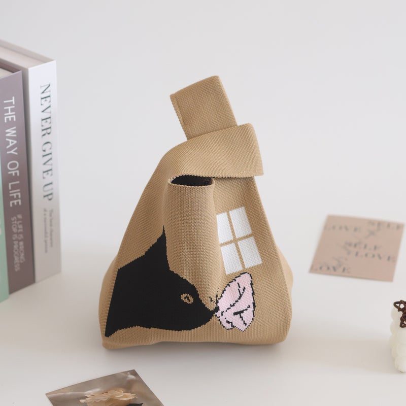 Knitted Bag Handbag Bucket Bag Tote Bag Woven Bag Bag Womens Bag Womens Bag Vacant Bag Simple Hand Gift Pink bow—black - Image 5