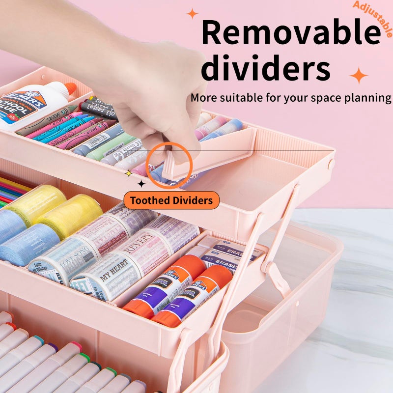 TERGOO 12.5in 3-Layer Multipurpose Craft Organizers and Storage with Adjustable Dividers, Portable Tackle Box, Folding Art & Craft Case for Medicine, Tool, Sewing Organizer (Pink) - Image 3