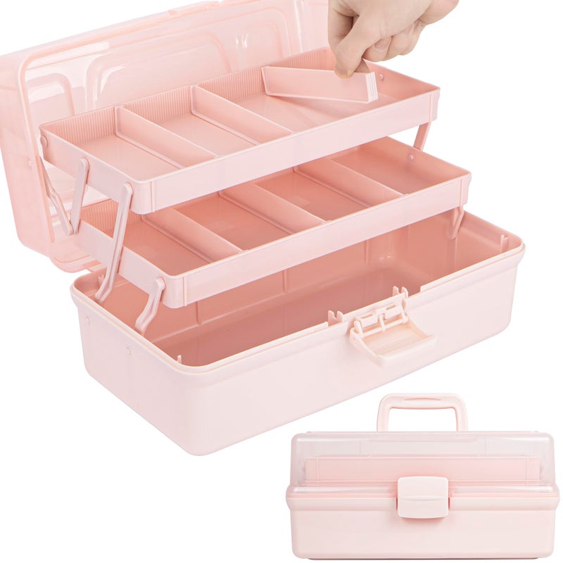 TERGOO 12.5in 3-Layer Multipurpose Craft Organizers and Storage with Adjustable Dividers, Portable Tackle Box, Folding Art & Craft Case for Medicine, Tool, Sewing Organizer (Pink) - Image 1