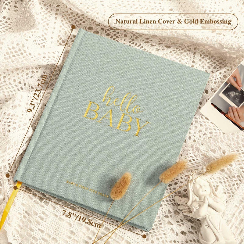 Lanpn Hello Baby First 5 Year Memory Book for Boy Girl - Linen Hardcover Baby Book Keepsake for New Parents - Newborn Baby Journal Scrapbook Photo Album Baby Milestone Book (Sage Green, 154 Pages) - Image 2