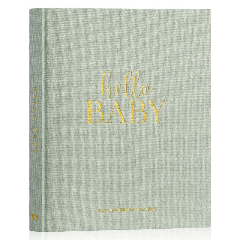 Lanpn Hello Baby First 5 Year Memory Book for Boy Girl - Linen Hardcover Baby Book Keepsake for New Parents - Newborn Baby Journal Scrapbook Photo Album Baby Milestone Book (Sage Green, 154 Pages) - Image 1
