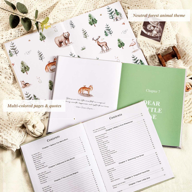 Lanpn Hello Baby First 5 Year Memory Book for Boy Girl - Linen Hardcover Baby Book Keepsake for New Parents - Newborn Baby Journal Scrapbook Photo Album Baby Milestone Book (Sage Green, 154 Pages) - Image 3