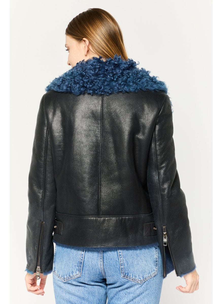 EMPORIO ARMANI Women Textured Motor Jacket, Navy Blue  - Image 4