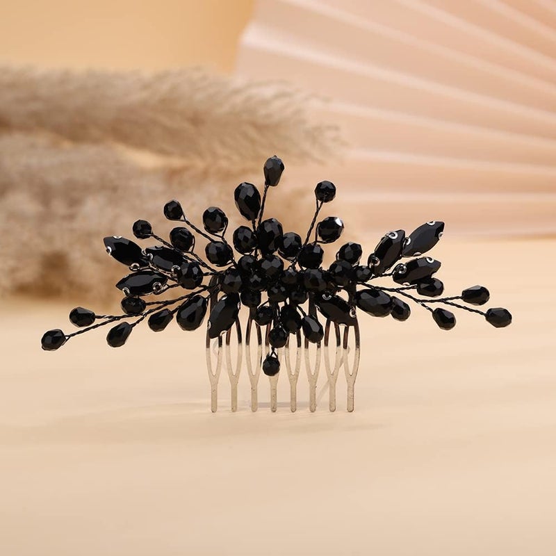 Rumtock Black Rhinestones Beads Black Hair Comb Side Headpiece for Wedding Brides Women Girls Handmade Hair Accessories Black 