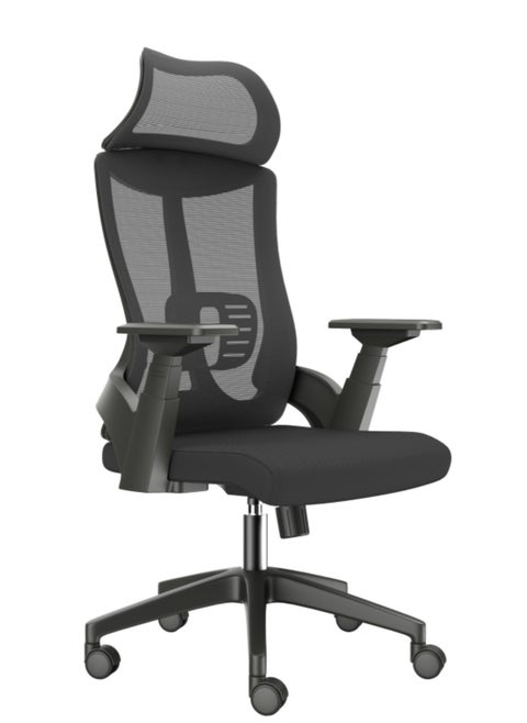 Stylish Comfortable Ergonomic Home Office Desk Chair with Adjustable Armrest and Wider Curved Headrest Large Seat Mesh High Back Support Chair with Lumbar Support Swivel Rotating Computer Chair Black