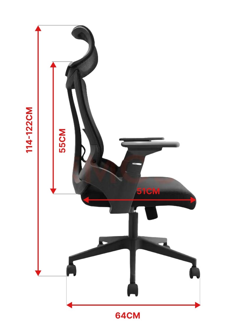 Stylish Comfortable Ergonomic Home Office Desk Chair with Adjustable Armrest and Wider Curved Headrest Large Seat Mesh High Back Support Chair with Lumbar Support Swivel Rotating Computer Chair Black