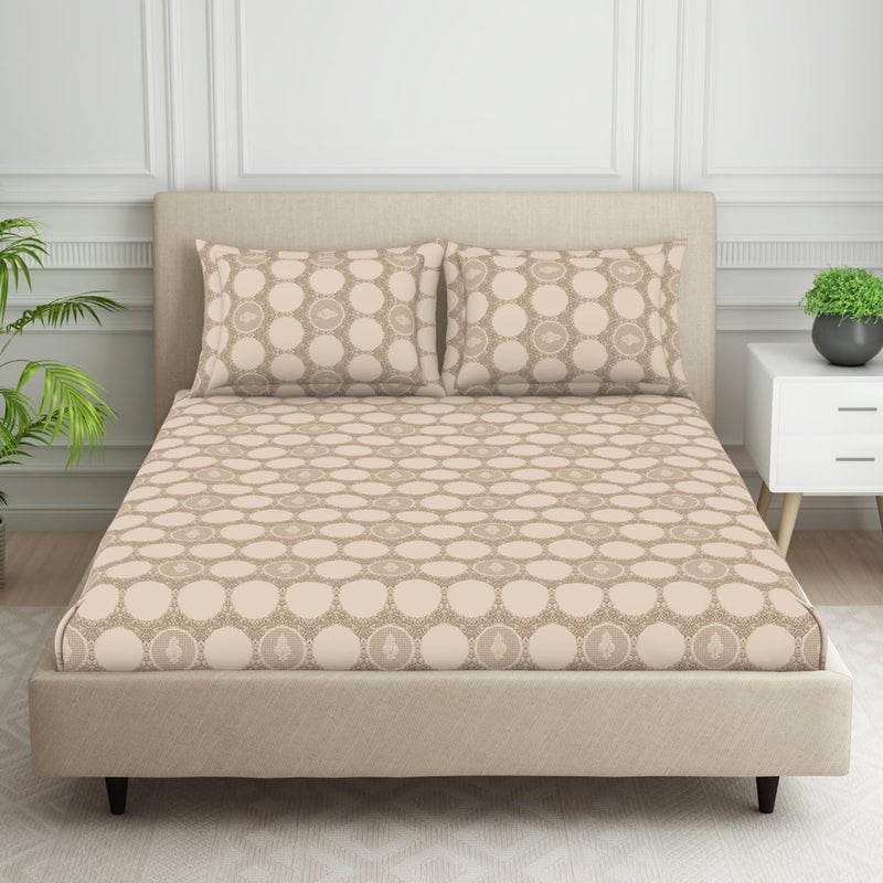 Welspun 120 TC Polycotton Bedsheet for Double Bed with 2 Pillow Cover Skin Safe Super Soft Queen Size Bed Sheet 88 X 100 Inch Ornate Beige Harmony - Image 1