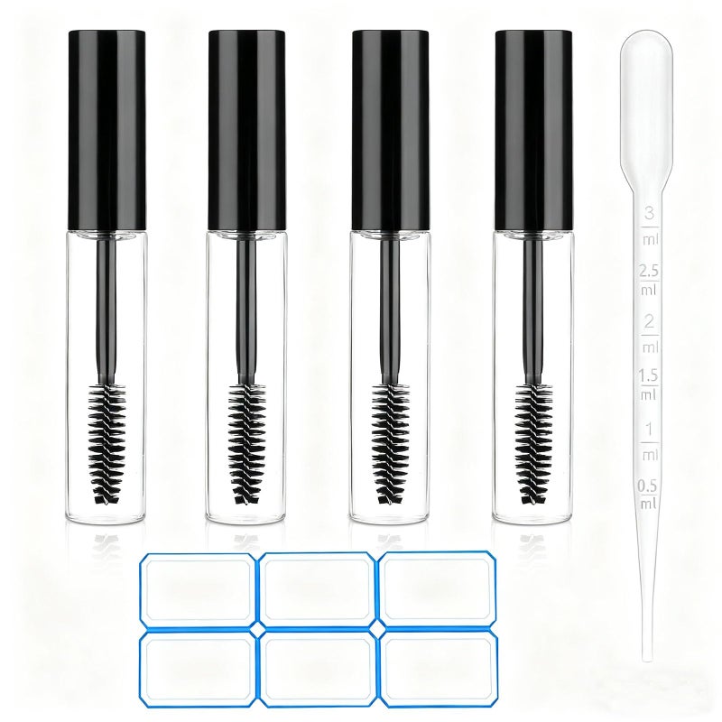 AskBed 4 Pack of 0.34 Oz (10ml) Empty Mascara Tube - Refillable, Leak-proof Plastic Mascara Bottles with Eyelash Wand and Labels Included - Image 1