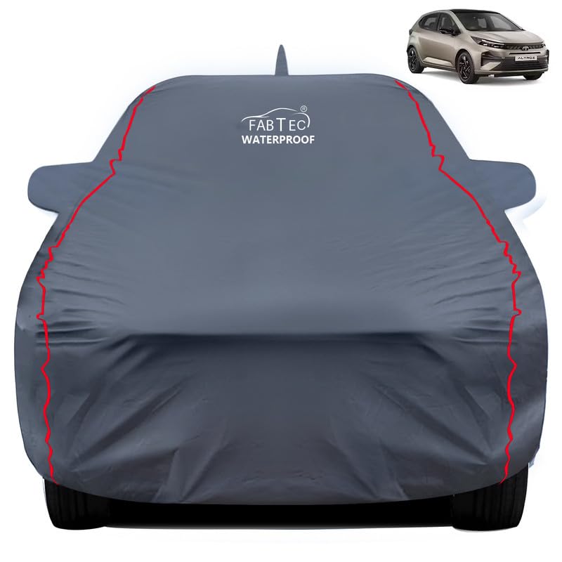 FABTEC Waterproof Premium Car Cover for Tata Altroz with Mirror and Antenna Pocket Super Waterproof Car Body Cover Heavy Duty Durable Peva Grey with Red Piping - Image 1