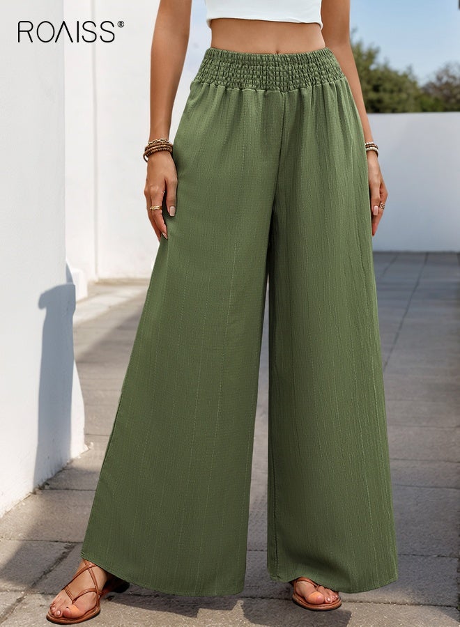 roaiss Trendy Olive Green Wide Leg Trousers for Women Comfortable Casual Palazzo Pants with Elastic Waist Breathable Lightweight Fabric for Everyday Wear - Image 1