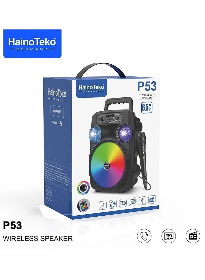 Haino Teko P53 Portable Wireless Bluetooth Speaker with Microphone – Powerful Sound, Deep Bass, Long Battery Life, Compact Design for Indoor & Outdoor Music, Parties, Travel – Black - Image 2