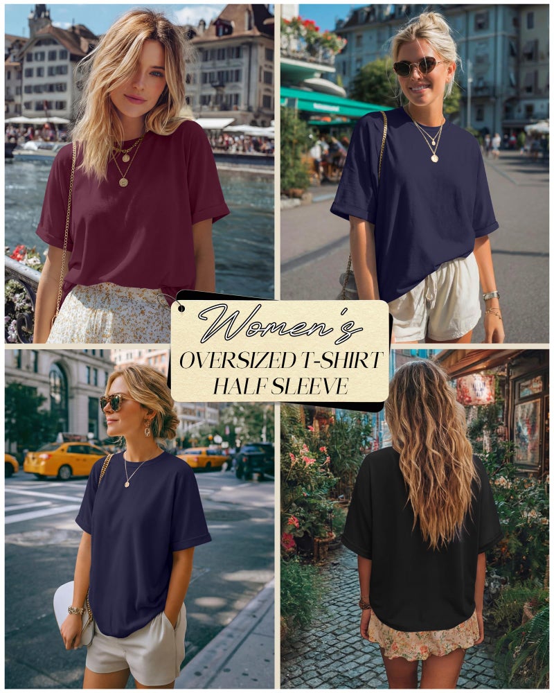 Riyiper 3 Pack Women's Oversized T-Shirt Half Sleeve Summer Tees Casual Loose Fit Crew Neck Basic Tops(Black, Burgundy, Dark Blue,Large) - Image 2