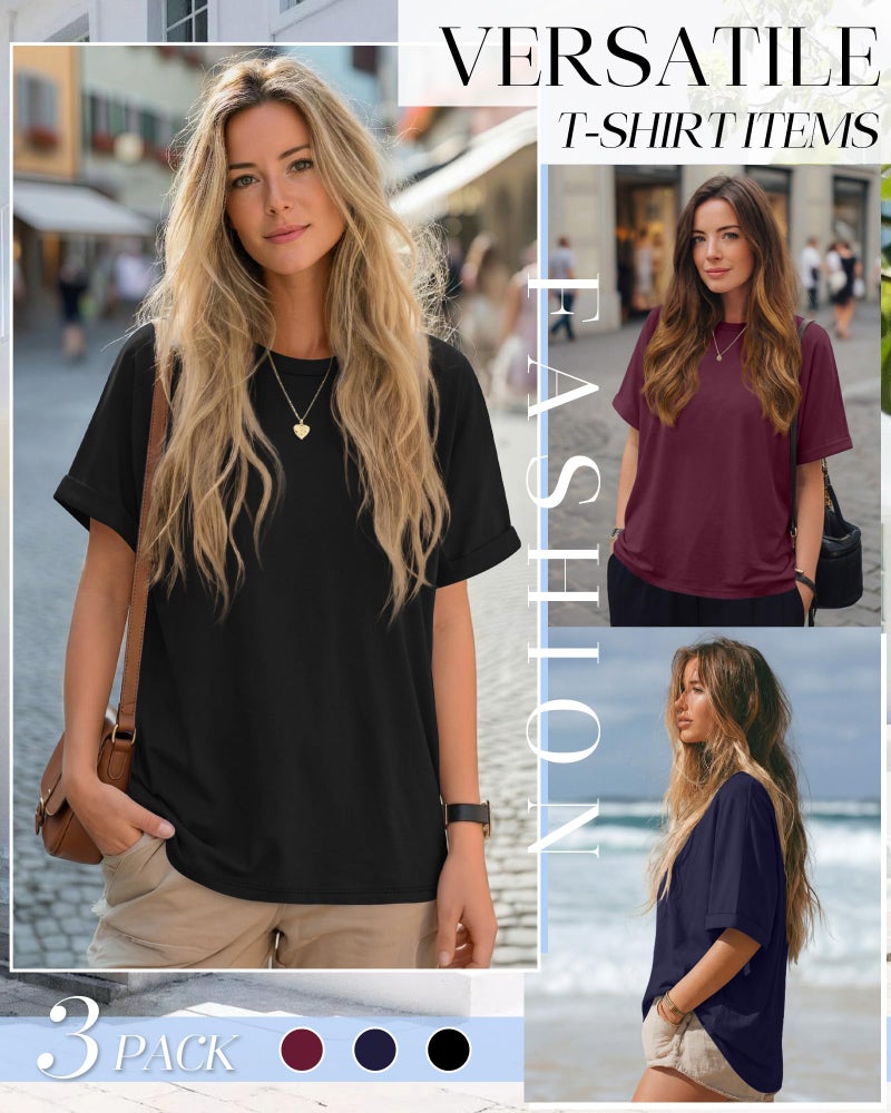 Riyiper 3 Pack Women's Oversized T-Shirt Half Sleeve Summer Tees Casual Loose Fit Crew Neck Basic Tops(Black, Burgundy, Dark Blue,Large) - Image 5
