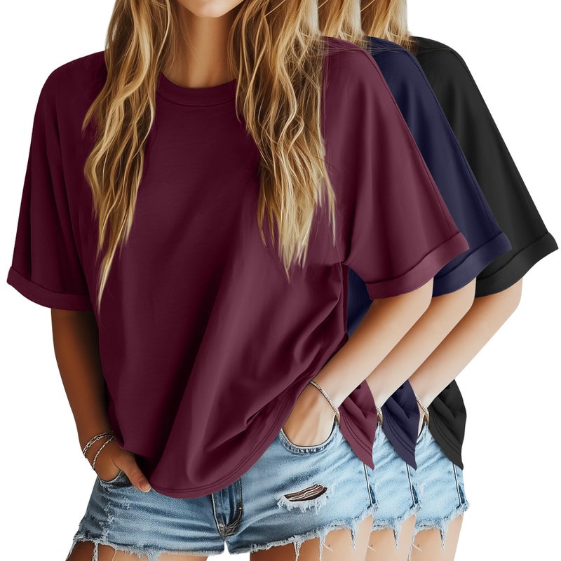 Riyiper 3 Pack Women's Oversized T-Shirt Half Sleeve Summer Tees Casual Loose Fit Crew Neck Basic Tops(Black, Burgundy, Dark Blue,Large) - Image 1