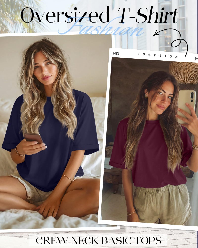 Riyiper 3 Pack Women's Oversized T-Shirt Half Sleeve Summer Tees Casual Loose Fit Crew Neck Basic Tops(Black, Burgundy, Dark Blue,Large) - Image 4