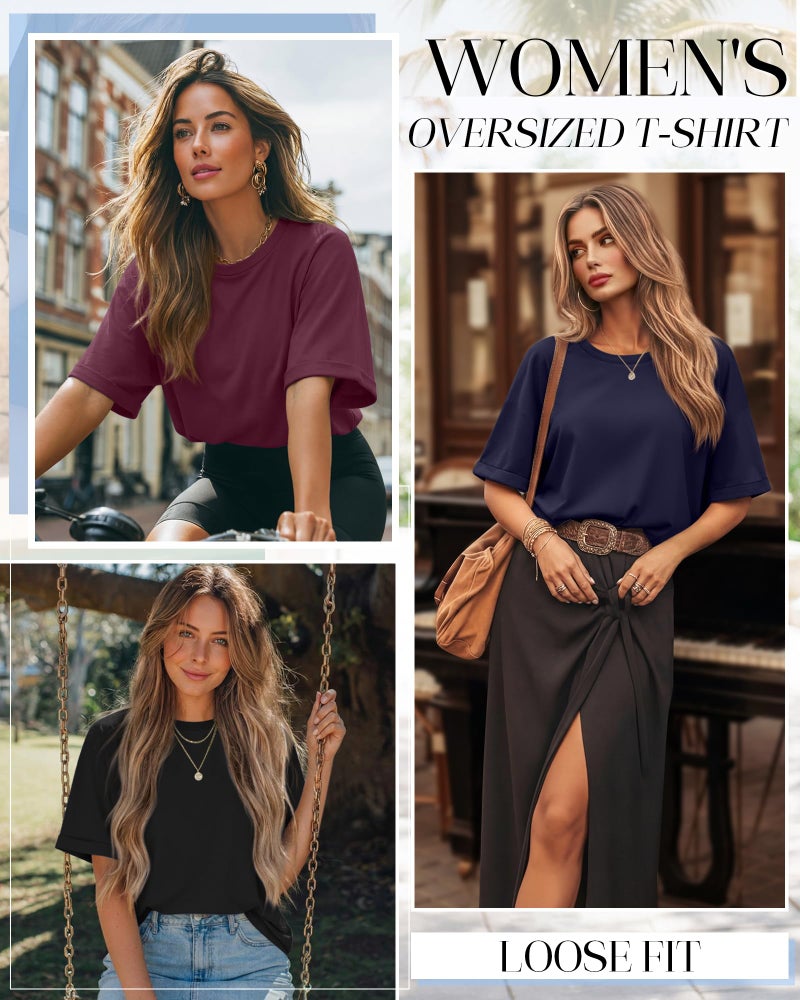 Riyiper 3 Pack Women's Oversized T-Shirt Half Sleeve Summer Tees Casual Loose Fit Crew Neck Basic Tops(Black, Burgundy, Dark Blue,Large) - Image 3