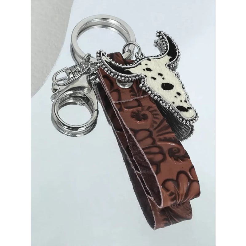 1pc Random Vintage Embossed Leather Cow Head Keychain Car Accessories Bag Charm School Cute Goth Y2k Gifts For Mother, Father, Graduation, And Teacher - Image 1