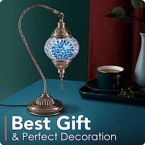Yarra-Decor Turkish Moroccan Lamp with Bronze Base 3 Color Options Handmade Swan Neck Tiffany Mosaic Glass Bedside Lamps for Bedroom (LED Bulb Included) - Image 3