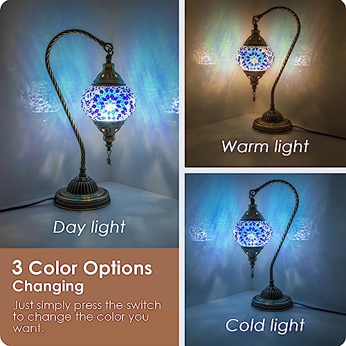 Yarra-Decor Turkish Moroccan Lamp with Bronze Base 3 Color Options Handmade Swan Neck Tiffany Mosaic Glass Bedside Lamps for Bedroom (LED Bulb Included) - Image 2