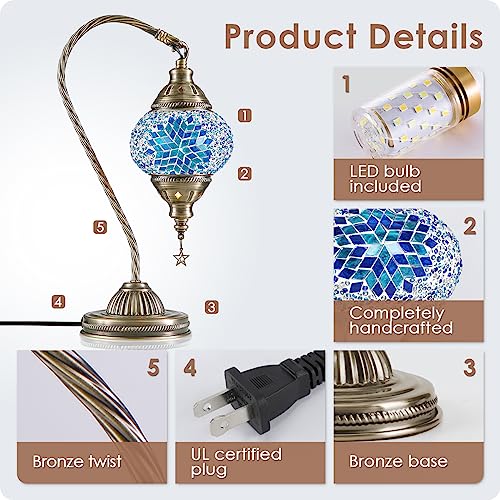 Yarra-Decor Turkish Moroccan Lamp with Bronze Base 3 Color Options Handmade Swan Neck Tiffany Mosaic Glass Bedside Lamps for Bedroom (LED Bulb Included) - Image 5