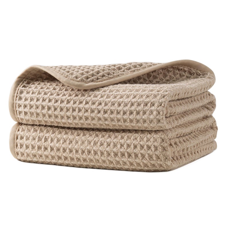 MICROFI Microfiber Waffle Hand Towels, 2 Pieces, Soft, Absorbent, Fast Drying, Lint Free (Beige) - Image 1