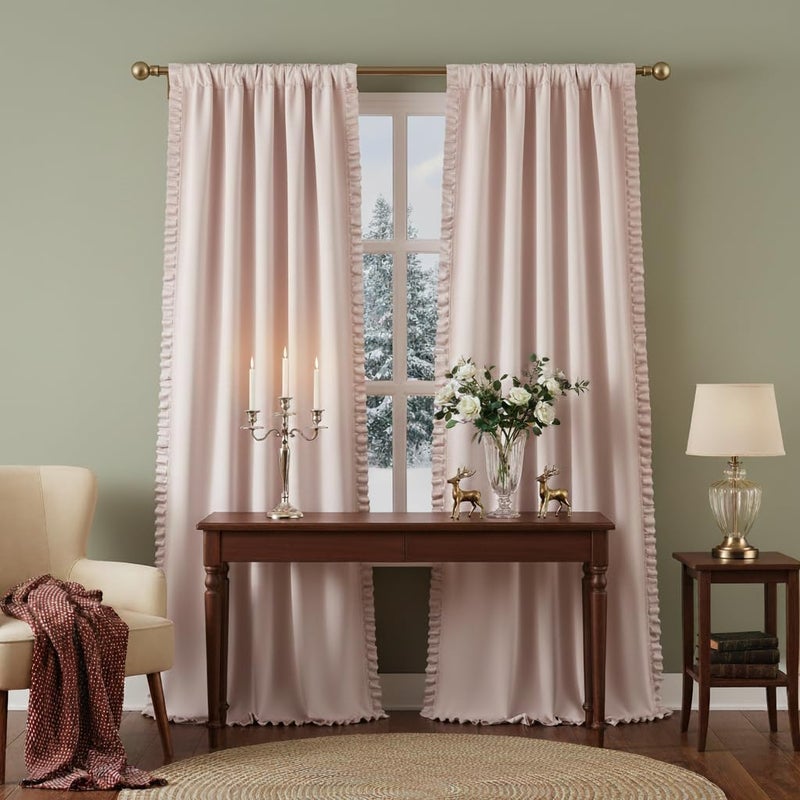 Jubilantex Pink 80% Blackout Curtains with Ruffle Heavy Solid Thermal Insulated Window Treatment Set Soft Drapes for Bedroom Living Room Light Blocking Rod Pocket Curtain, 40Wx84L, 2 Panels - Image 1
