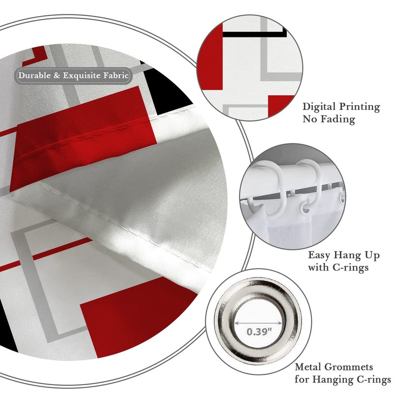 Kikiry Red Black Shower Curtain 60''W x 72''L Abstract White Grey Gray Geometric Cross Checkered Modern Geometry Minimalist Neutral Design Polyester Waterproof 12 Pack Plastic Hooks - Image 3